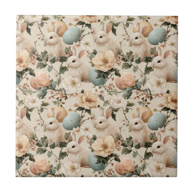 Osterhase im Vintage-Blumenstil (1) Fliese (Vorderseite)