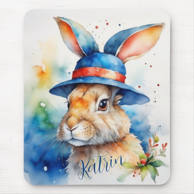 Osterhase in einem blauen Hut. Mousepad (Vorne)