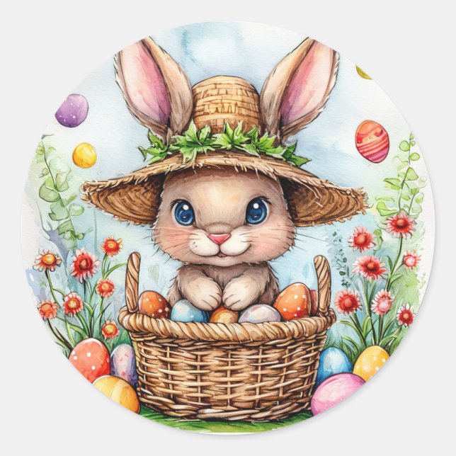Osterhase in einem Korb gestrichener Eier Happy Ea Runder Aufkleber (Vorderseite)