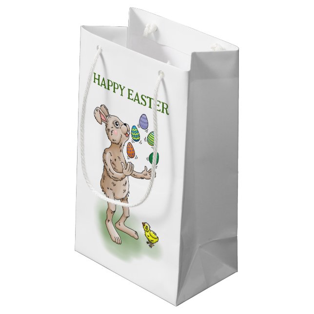 Osterhase jongliert kleine geschenktüte (Rückseite Schrägansicht)