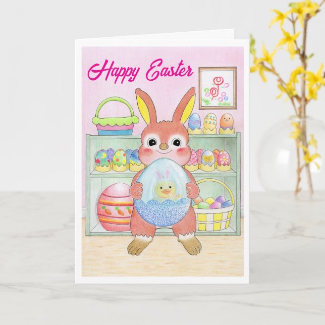 Osterhase Kaninchen Eier Kinder Klappkarte Karte (Gelbe Blume)