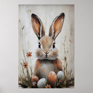 Osterhase Kaninchen im Blumenmuster, rustikales Os Poster