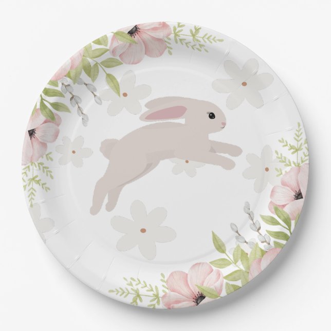 Osterhase Kaninchen Rosa Blumen Pappteller (Vorderseite)