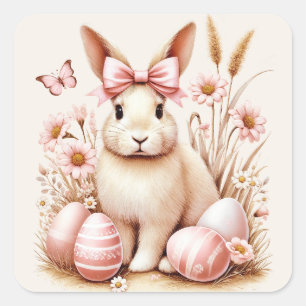 Osterhase Kaninchen Rosa Eier Kokette Schleife Quadratischer Aufkleber