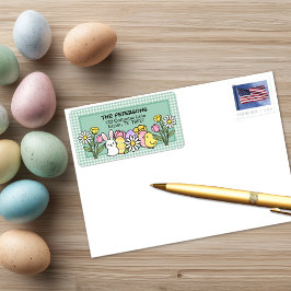 Osterhase Küken Eier Blumen Grün Gingham Adressaufkleber