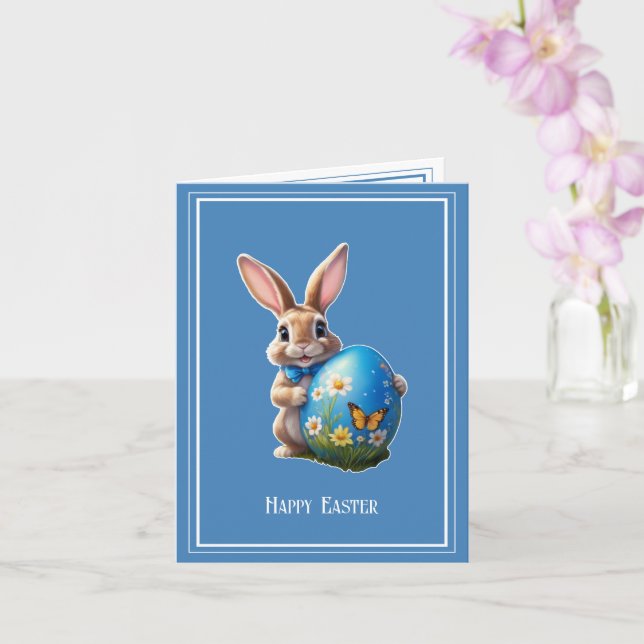 Osterhase mit blauer Schleife -  Karte (Orchidee)