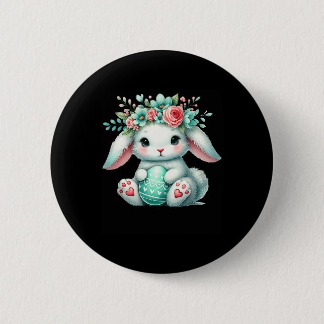 Osterhase mit Blume Kronmädchen Frauen im Mund Button (Vorderseite)