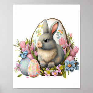 Osterhase mit Blume und Eiern, bunte Blüte Poster