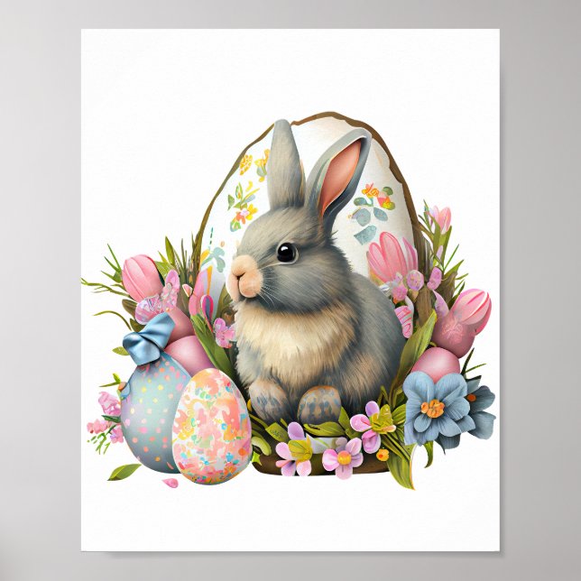 Osterhase mit Blume und Eiern, bunte Blüte Poster (Vorne)
