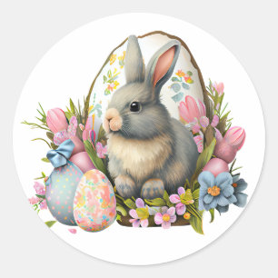 Osterhase mit Blume und Eiern, bunte Blüte Runder Aufkleber