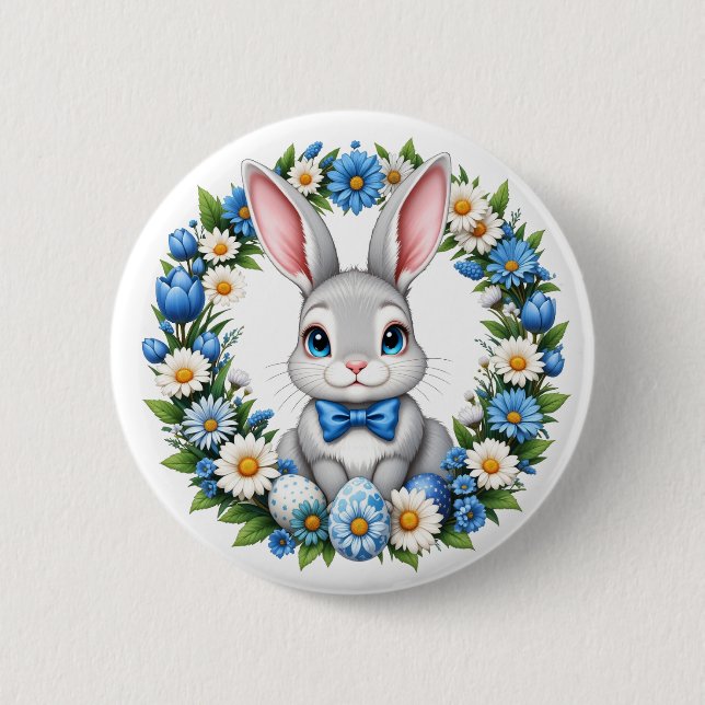 Osterhase mit Blumen  Button (Vorderseite)