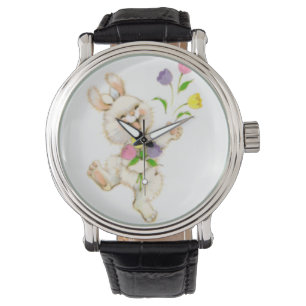 Osterhase mit Blumen-Cartoon Armbanduhr