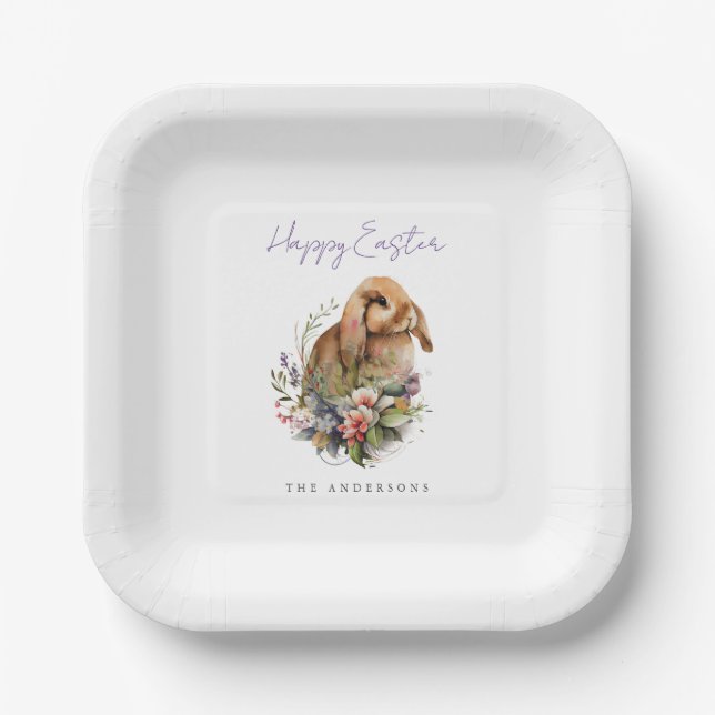 Osterhase mit Blumen Pappteller (Vorderseite)