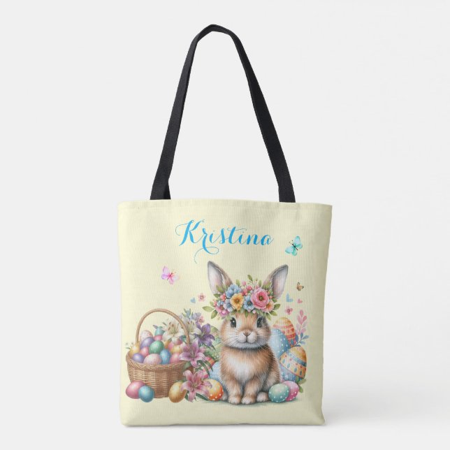 Osterhase mit Blumenkorb und gefärbten Eiern (Rückseite)