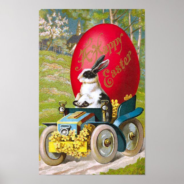 Osterhase mit Coolem Wagen Vintage Blüte Poster (Vorne)