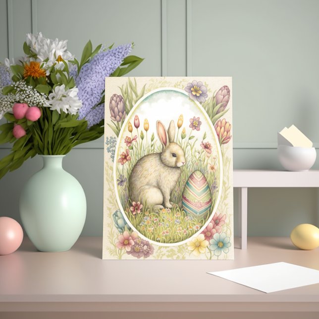 Osterhase mit dekoriertem Ei und Blume Karte (Von Creator hochgeladen)