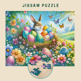 Osterhase mit Eiern im Blumengarten - Puzzle