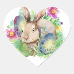 Osterhase mit Eiern und Blumen Herz-Aufkleber