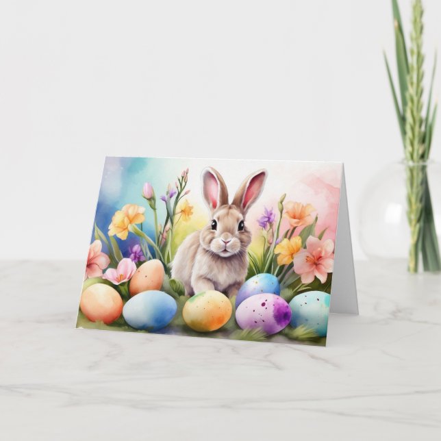 Osterhase mit Frühlingsblumen, bemalte Eier Feiertagskarte (Vorderseite)