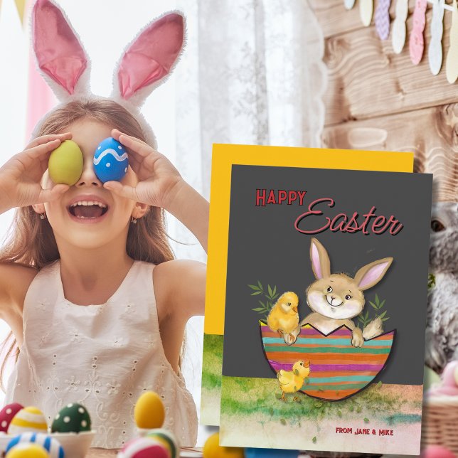 Osterhase mit Küken Graugelb Feiertagskarte (Easter Bunny with chicks Grey Yellow Holiday Card)
