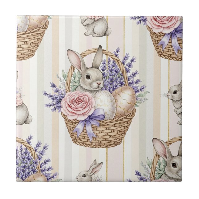 Osterhase mit Ostereiern Frühling Pastell-Muster ( Fliese (Vorderseite)