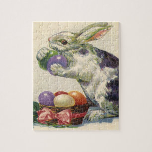 Osterhase mit Ostereiern im Korb im Vintage-Stil Puzzle