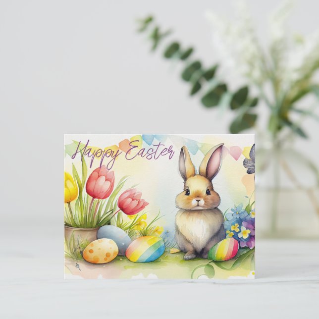 Osterhase mit Ostereiern Postkarte (Stehend Vorderseite)