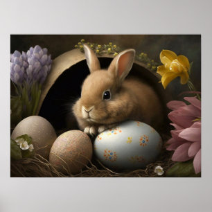 Osterhase mit Pastell-Eiern und Frühlingsblumen Poster