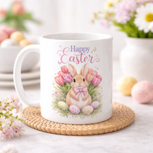Osterhase mit Pastellrosa Tulpen Frohe Ostern Kaffeetasse
