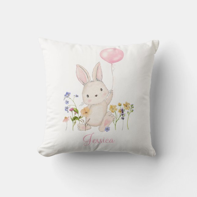Osterhase mit rosa Ballon & Wildblumen Kissen (Vorderseite)