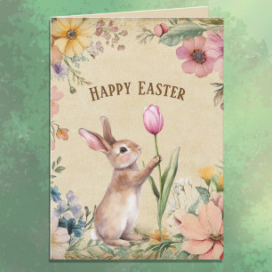 Osterhase mit rosa Tulpe im Vintage-Blumenstil Karte