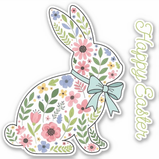 Osterhase mit rosa und blauen Wildblumen Aufkleber (Vorderseite)