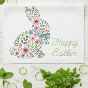 Osterhase mit rosa und blauen Wildblumen Geschirrtuch