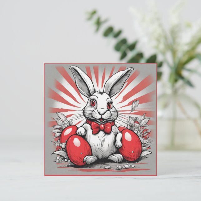 Osterhase mit roten Eiern Feiertagskarte (Stehend Vorderseite)