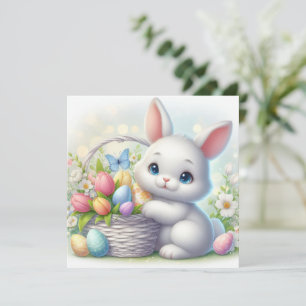 Osterhase mit Tulpen und Ostereierkorb aus Pastell Karte