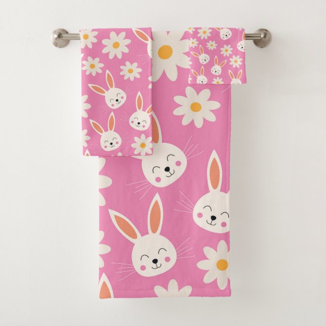 Osterhase mit weißen Blume auf Pink Badhandtuch Set (Insitu)
