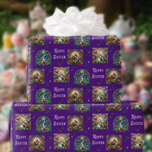 Osterhase Muster mit violettem Buntglas Geschenkpapier
