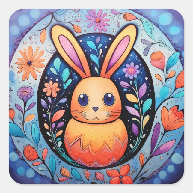 Osterhase Niedliche Frühlingsblumen Quadratischer Aufkleber (Vorderseite)