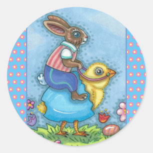 OSTERHASE REITET AUFSCHNEIDERHAFTES KÜKEN IN BLAUE RUNDER AUFKLEBER