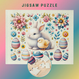 Osterhase süß Küken Eier Blumen Muster - Puzzle