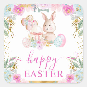 Osterhase und Blumen in Aquarell Quadratischer Aufkleber