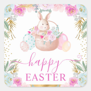 Osterhase und Blumen in Aquarell Quadratischer Aufkleber