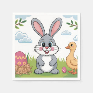 Osterhase und Entenküken auf einer Frühlingswiese Serviette