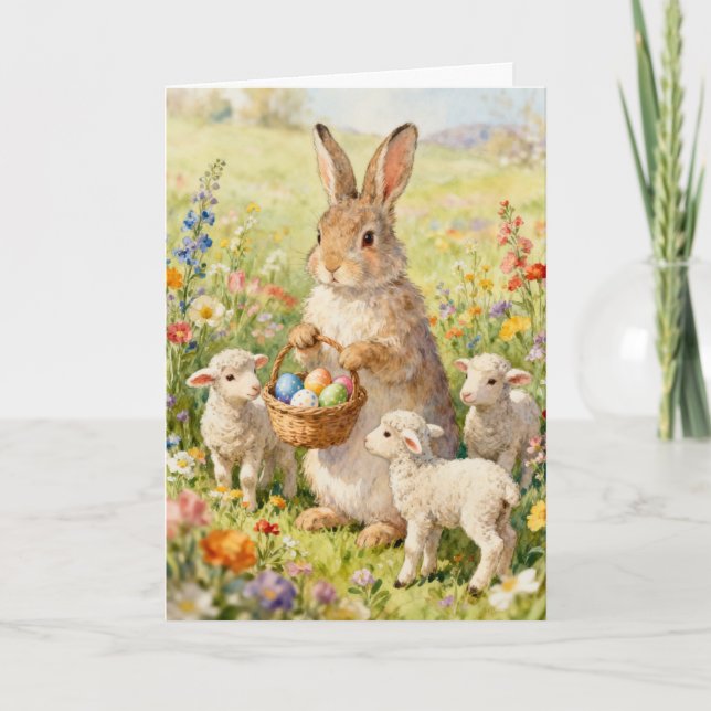 Osterhase und Frühlämmer Feiertagskarte (Vorderseite)