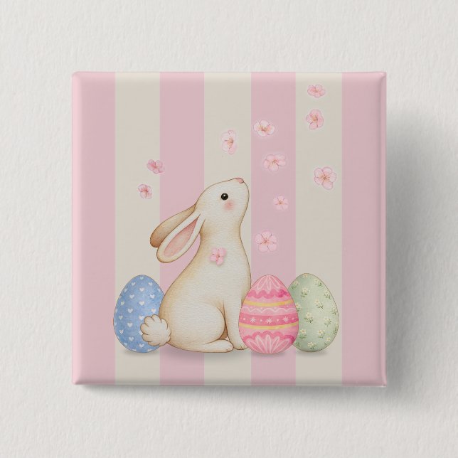 Osterhase und Frühlings-Pastell-Streifen Button (Vorderseite)