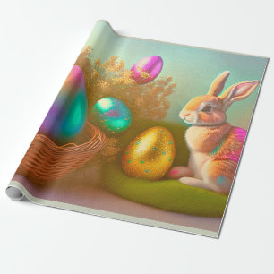 Osterhase und glänzende Eier in einer Korbkollekti Geschenkpapier
