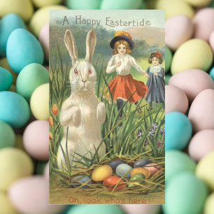 Osterhase und Kinder im Vintage-Stil Frohe Ostern Rechteckiger Aufkleber