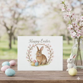 Osterhase und Kirschblütenkranz  Postkarte