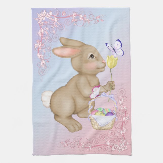 Osterhase und Korb Geschirrtuch (Vertikal)