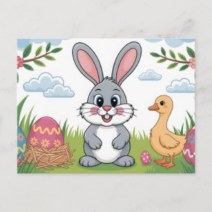 Osterhase und Küken auf einer Frühlingswiese Feiertagspostkarte